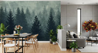 Murale da parete con silhouette di una foresta di pini nella nebbia