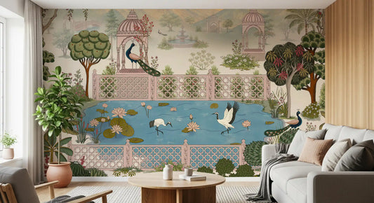 Mural de parede com vista serena para um lago de lótus e um pavilhão