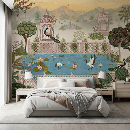 Mural de parede com vista serena para um lago de lótus e um pavilhão