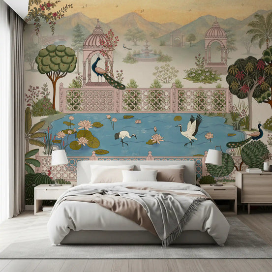 Panorama serein d’un étang de lotus et d’un pavillon en fresque murale
