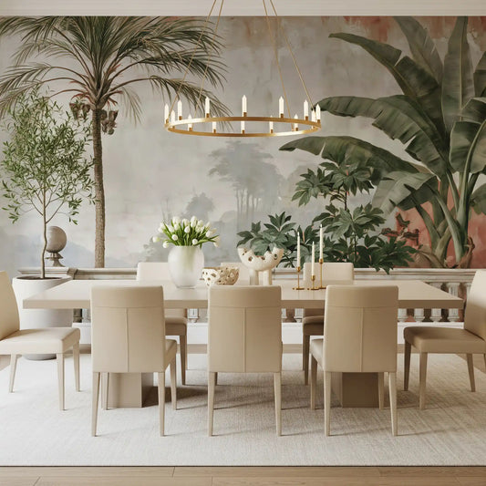 Coastal palm balustrade mural behind a dining table with beige chairs GD12853