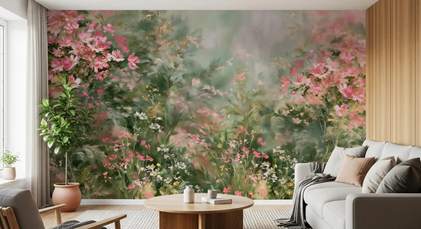 Impressionistisk vægmaleri med lyserød blomstrende eng