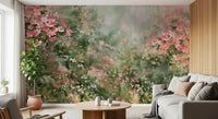 Impressionistisk vægmaleri med lyserød blomstrende eng