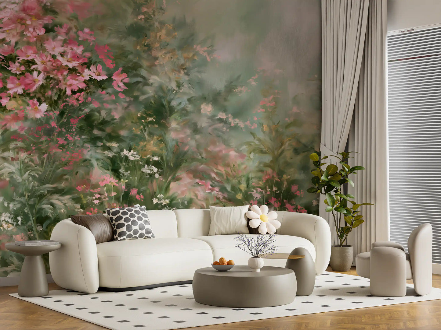 Impressionistisk vægmaleri med lyserød blomstrende eng