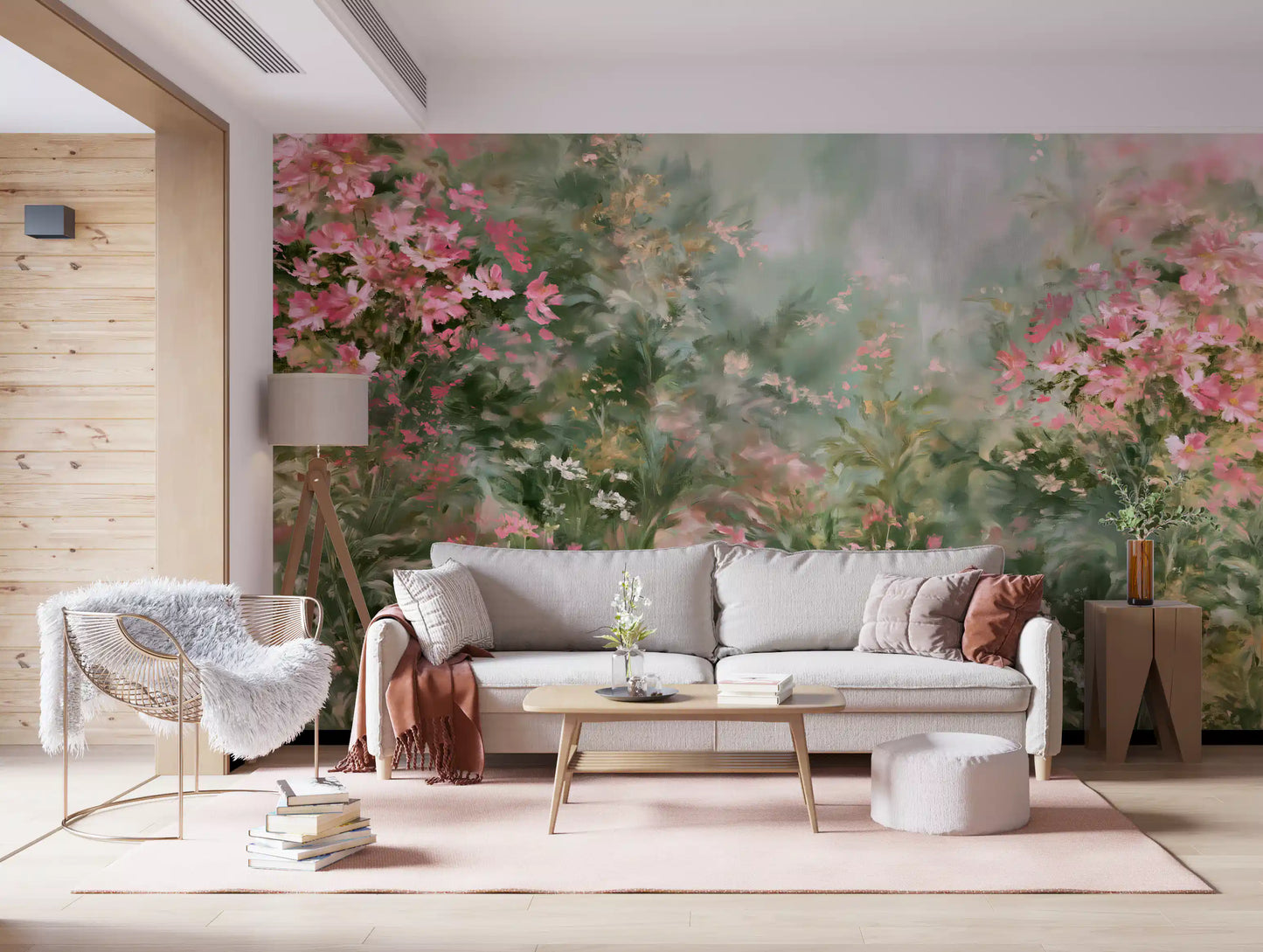 Impressionistisk vægmaleri med lyserød blomstrende eng