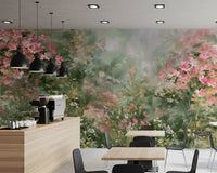 Impressionistisk vægmaleri med lyserød blomstrende eng