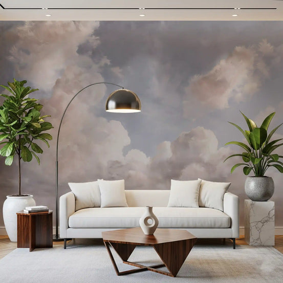Painted sky cloud mural behind a cream sofa and arc floor lamp GD12857