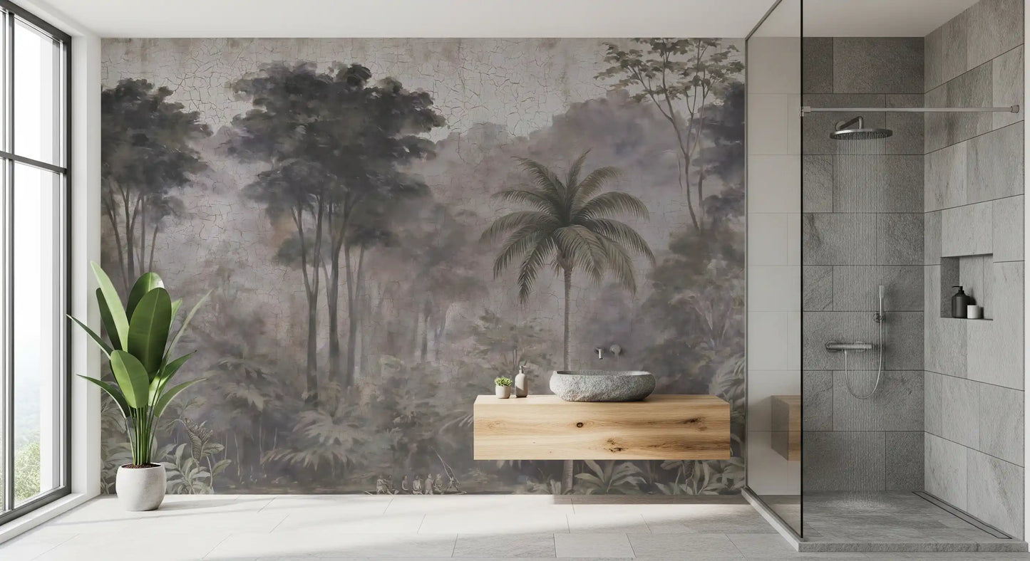 Fresque murale représentant une expédition sur une rivière brumeuse