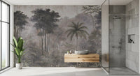 Fresque murale représentant une expédition sur une rivière brumeuse