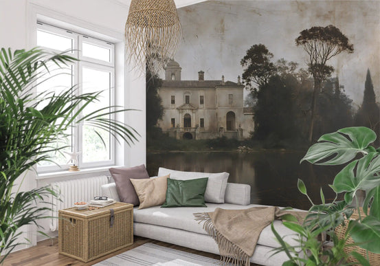 Fresque murale du manoir au bord du lac, villa italienne rustique