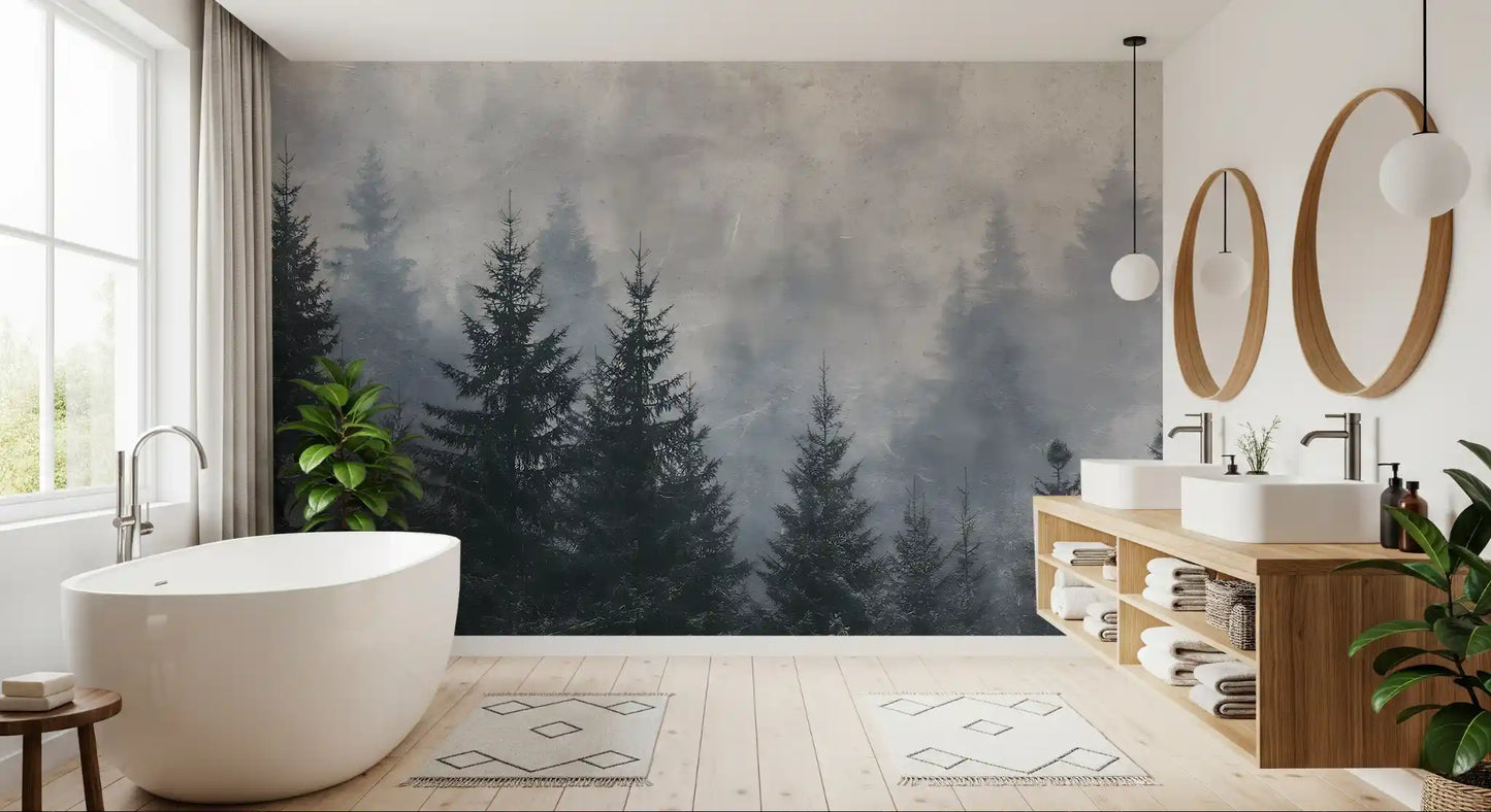 Fresque murale de forêt de conifères, ambiance atmosphérique