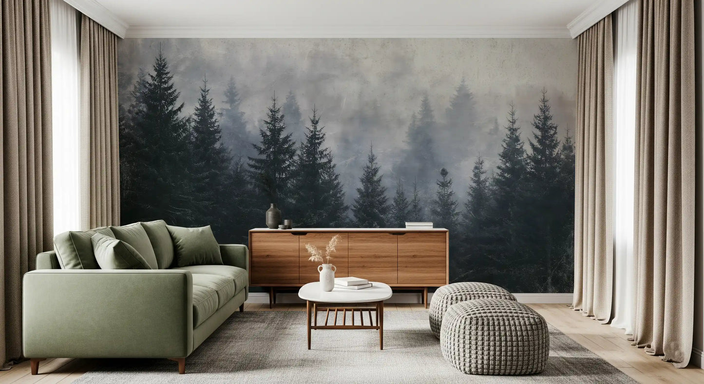 Fresque murale de forêt de conifères, ambiance atmosphérique