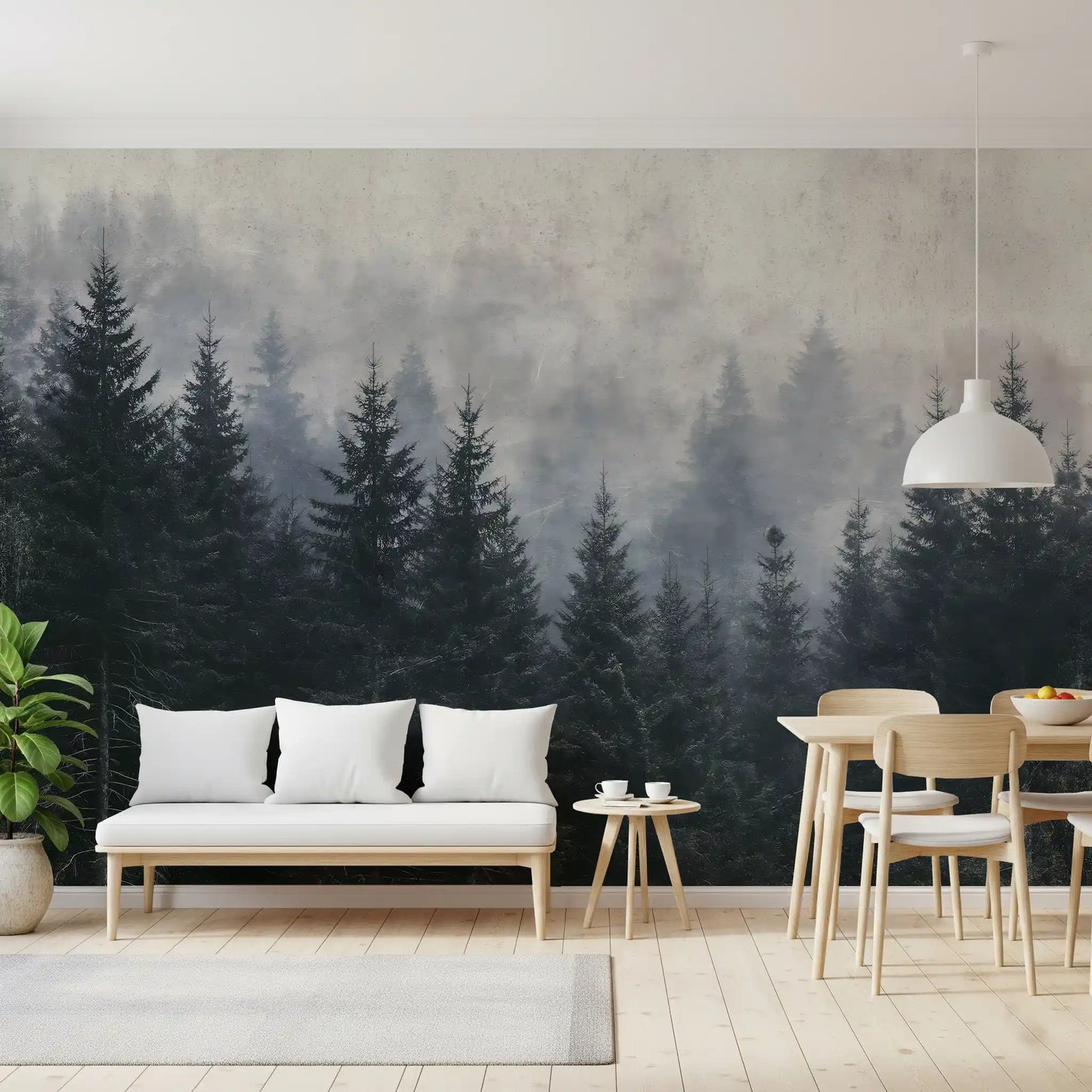 Fresque murale de forêt de conifères, ambiance atmosphérique