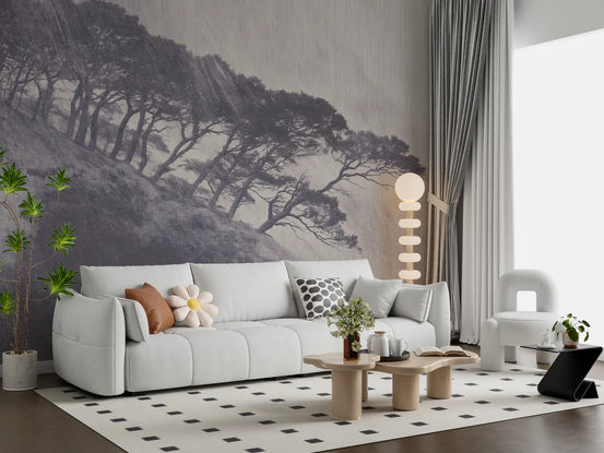 Monochrome coastal pines mural in a living room with a white sofa and floor lamp GD12868