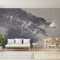 Murale da parete paesaggistico monocromatico con pini costieri