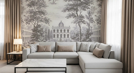 Grand estate garden mural in a living room with a grey sectional and marble table GD12870
