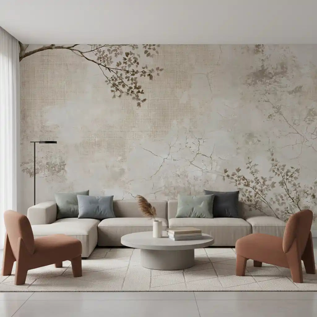 Rustikale beige Wandtapete mit verwitterter Struktur und zarten Zweigen