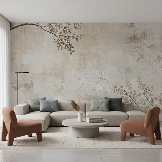 Papier peint panoramique mural en beige rustique, texture patinée et branches délicates