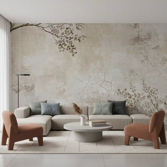 Rustic beige branch texture mural behind a cream sofa and terracotta armchairs GD12872