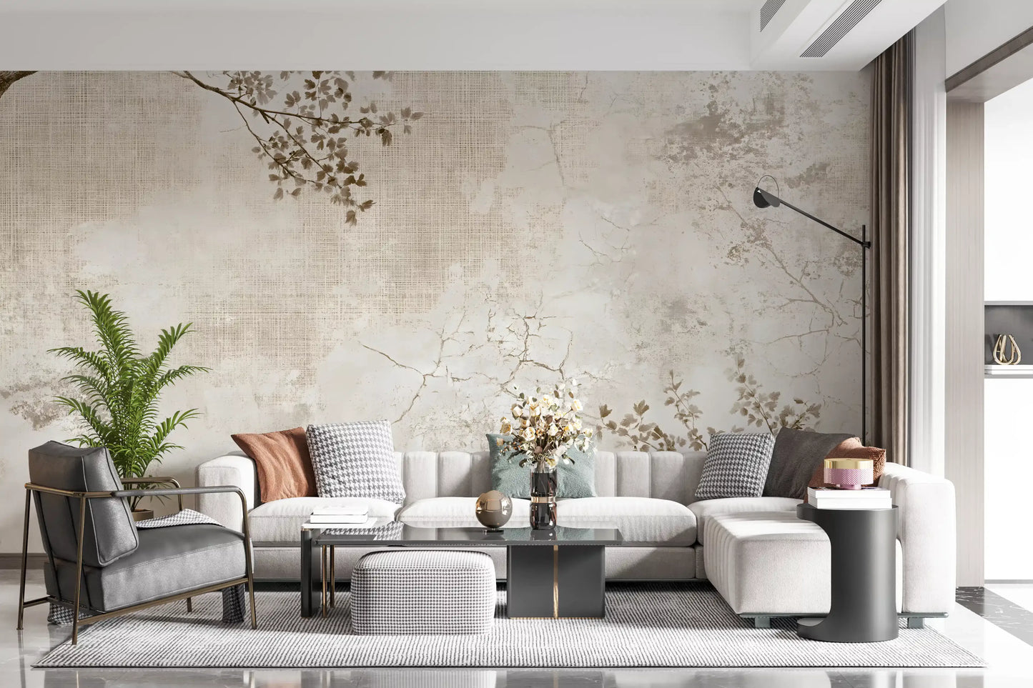 Rustikale beige Wandtapete mit verwitterter Struktur und zarten Zweigen