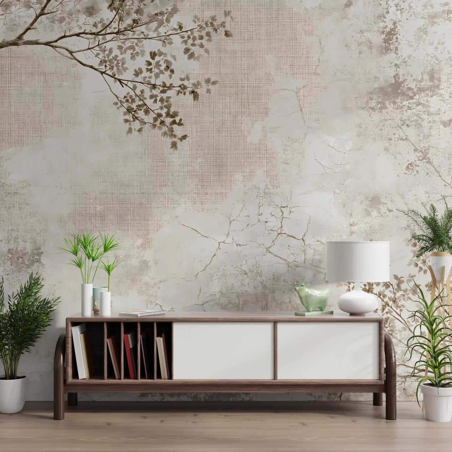 Rustikale beige Wandtapete mit verwitterter Struktur und zarten Zweigen