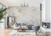 Rustikale beige Wandtapete mit verwitterter Struktur und zarten Zweigen