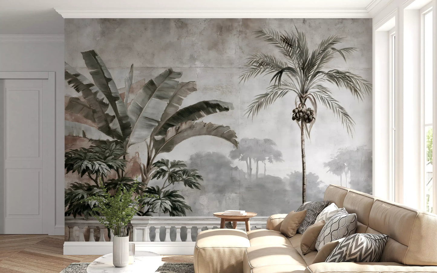 Murale da parete con scena vintage di una balaustra tropicale