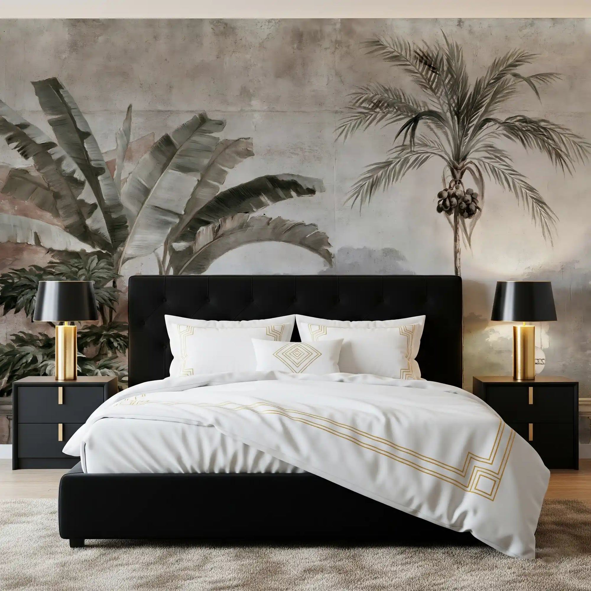 Vintage tropical balustrade mural above a black upholstered bed GD12876