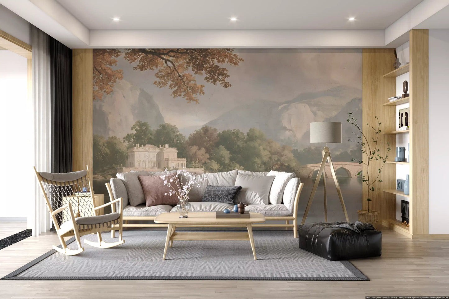 Panorama mural « Refuge au bord d’un lac de montagne brumeux »