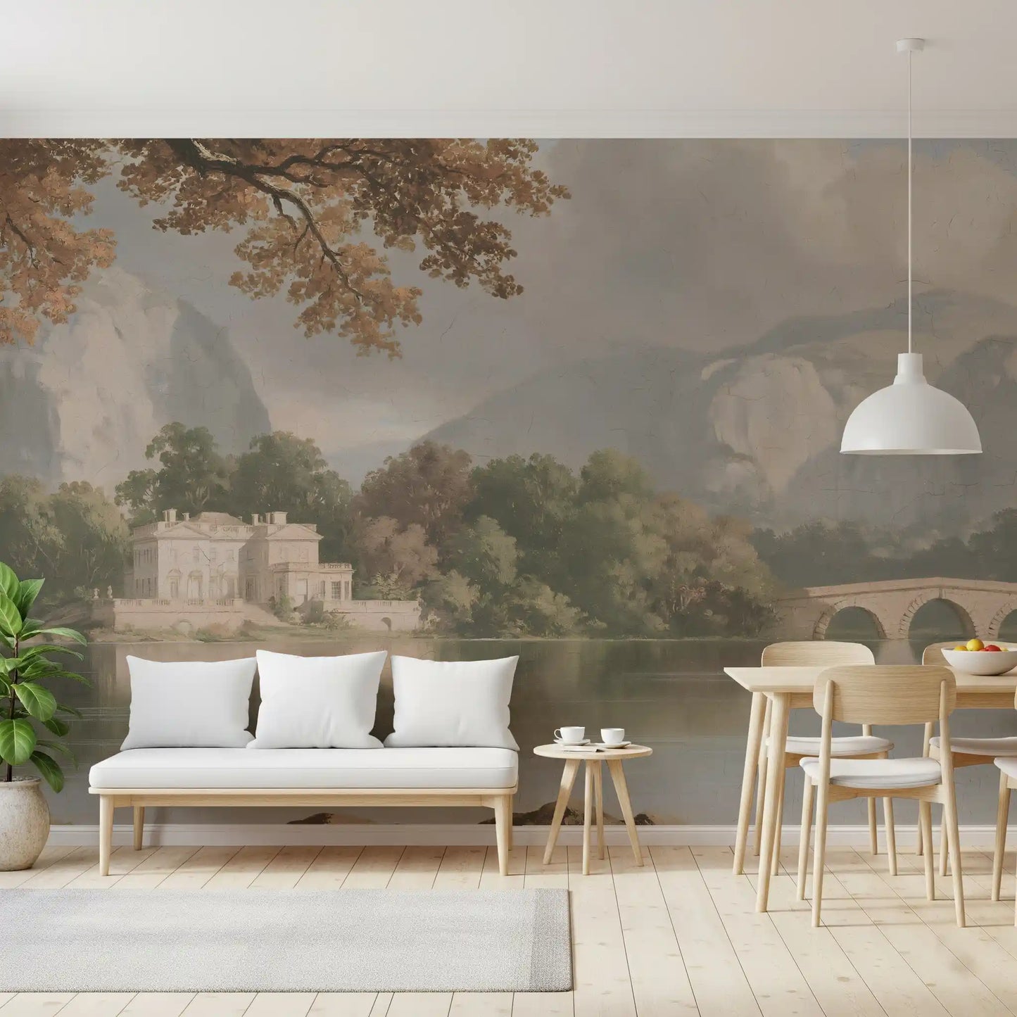 Panorama mural « Refuge au bord d’un lac de montagne brumeux »