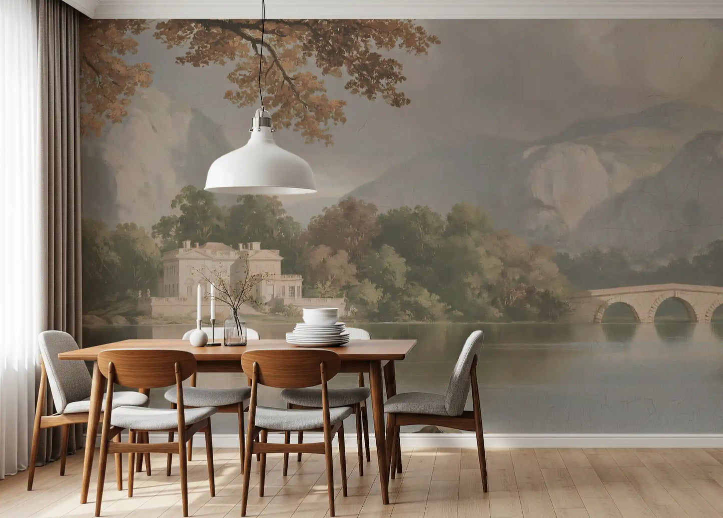 Panorama mural « Refuge au bord d’un lac de montagne brumeux »