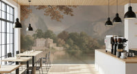 Panorama mural « Refuge au bord d’un lac de montagne brumeux »