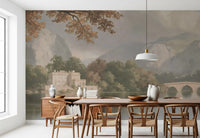 Panorama mural « Refuge au bord d’un lac de montagne brumeux »