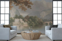 Panorama mural « Refuge au bord d’un lac de montagne brumeux »