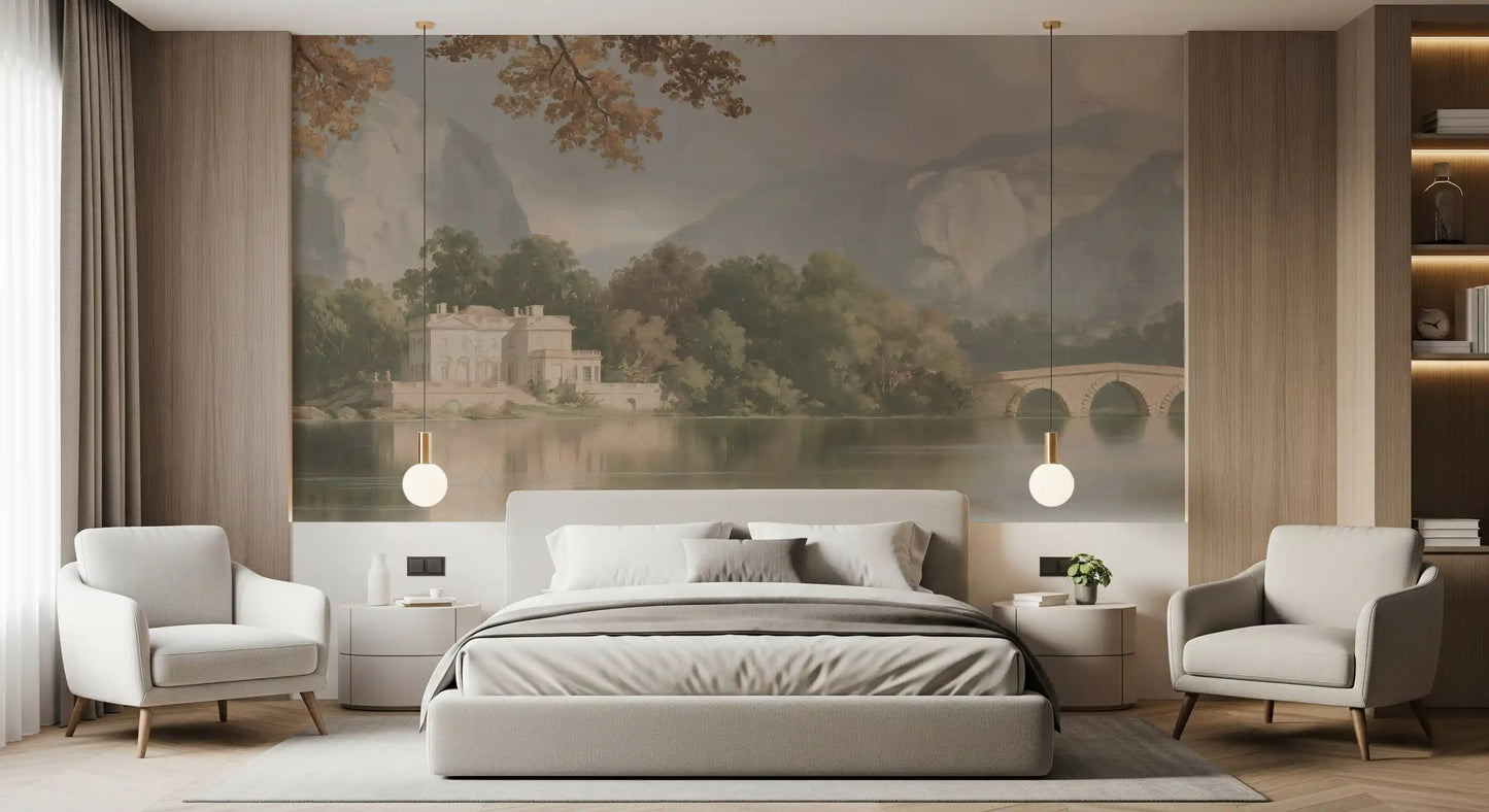 Panorama mural « Refuge au bord d’un lac de montagne brumeux »