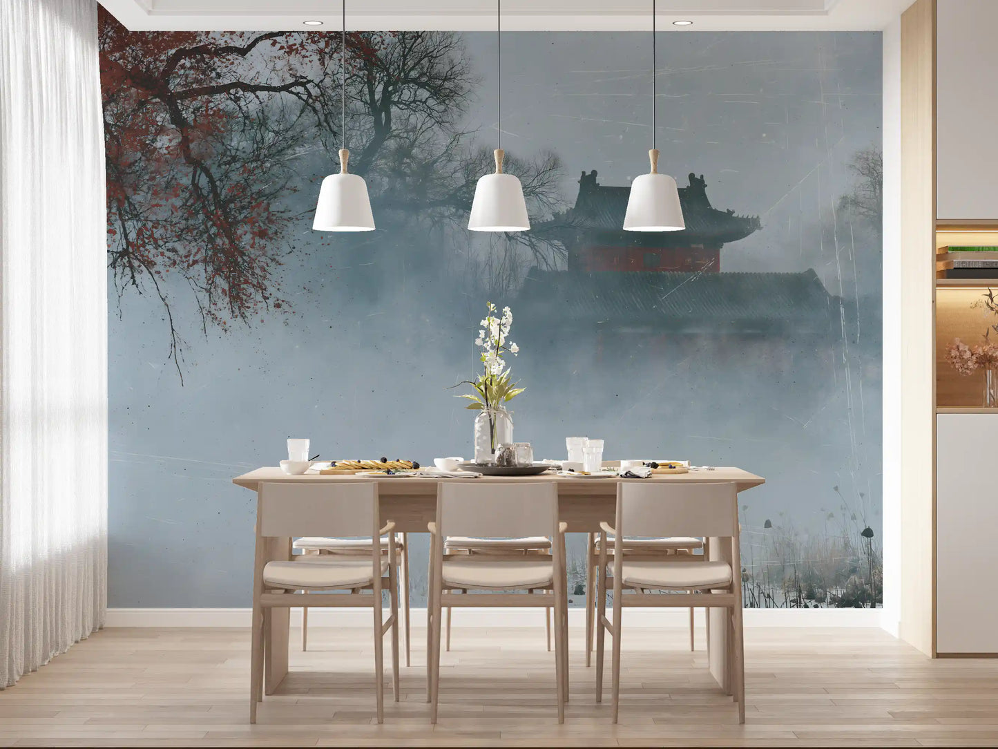 Wandgemälde „Karmesinrote Pagode im Winternebel“
