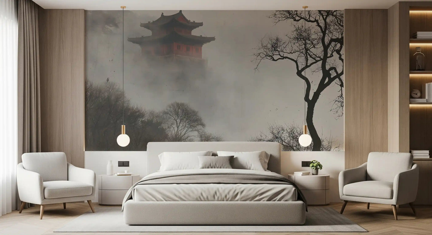 Wandbild „Neblige Pagode im Bergrefugium“
