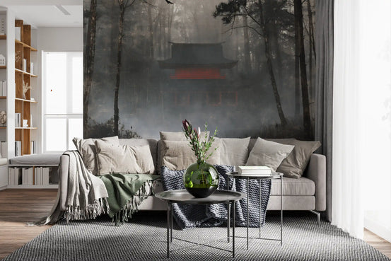 Zen temple woodland mural behind a beige sofa with a black round side table GD12891