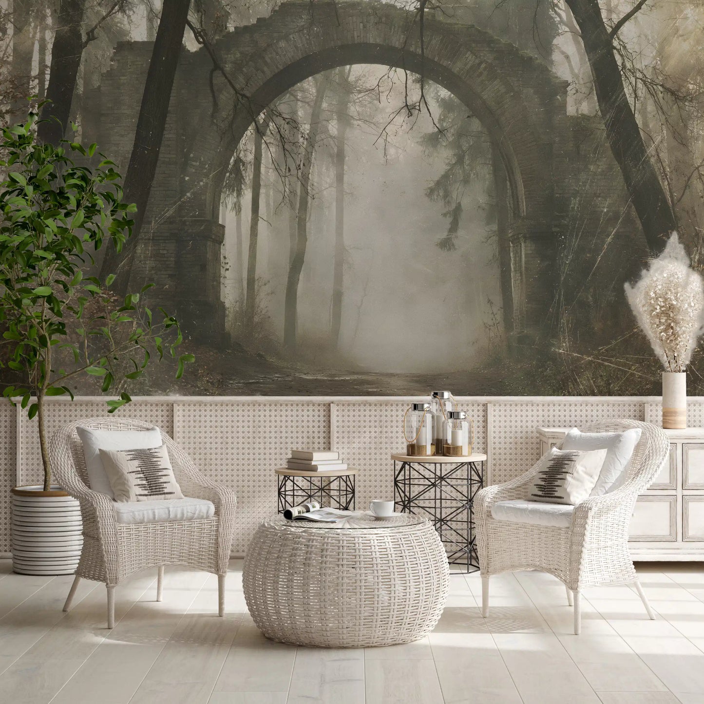 Wandbild „Steinbogen in einem nebligen, uralten Wald“