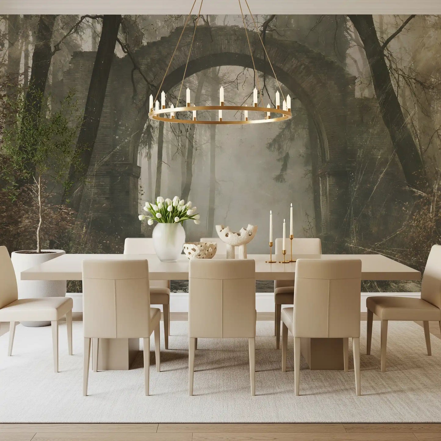 Wandbild „Steinbogen in einem nebligen, uralten Wald“
