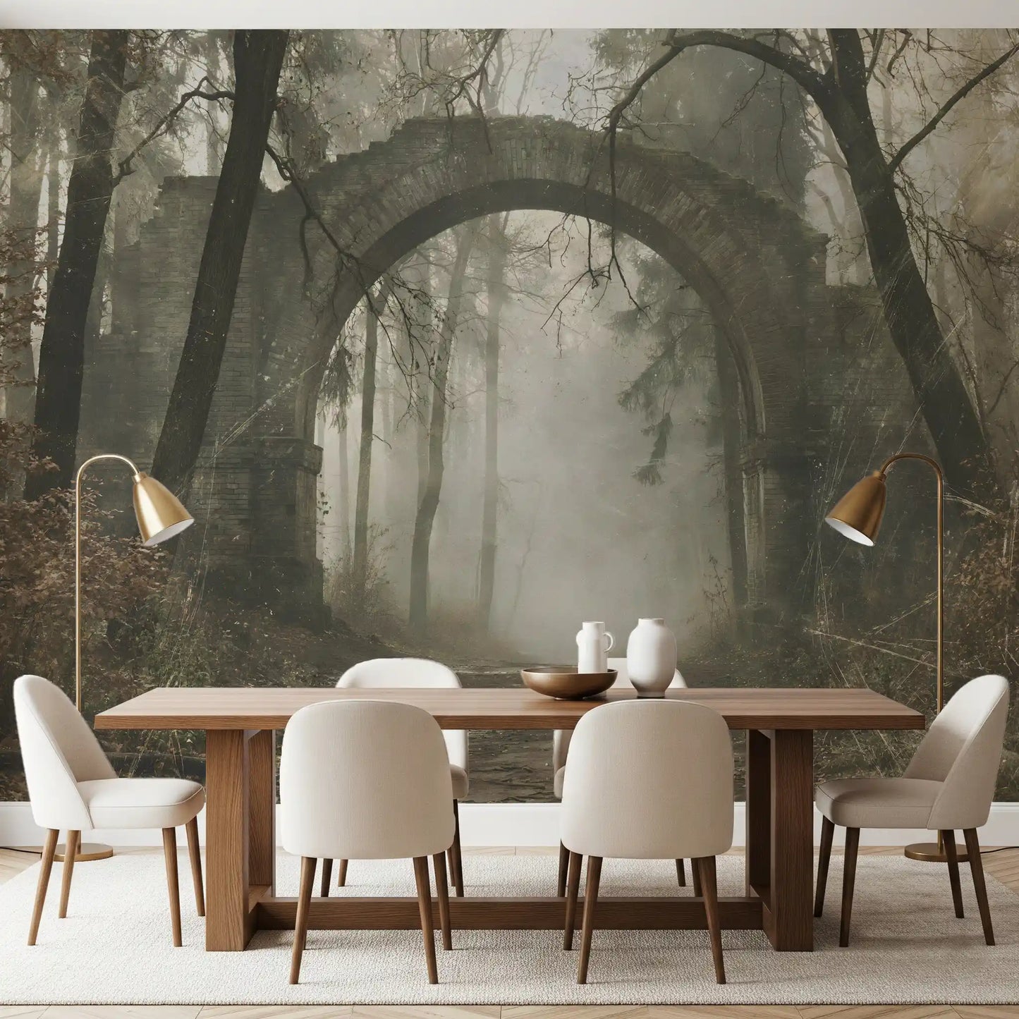 Wandbild „Steinbogen in einem nebligen, uralten Wald“
