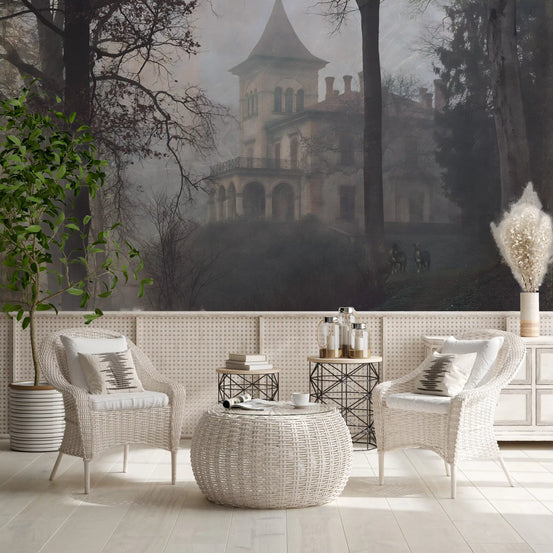 Enchanted forest castle mural in a sunroom with white rattan chairs GD12894