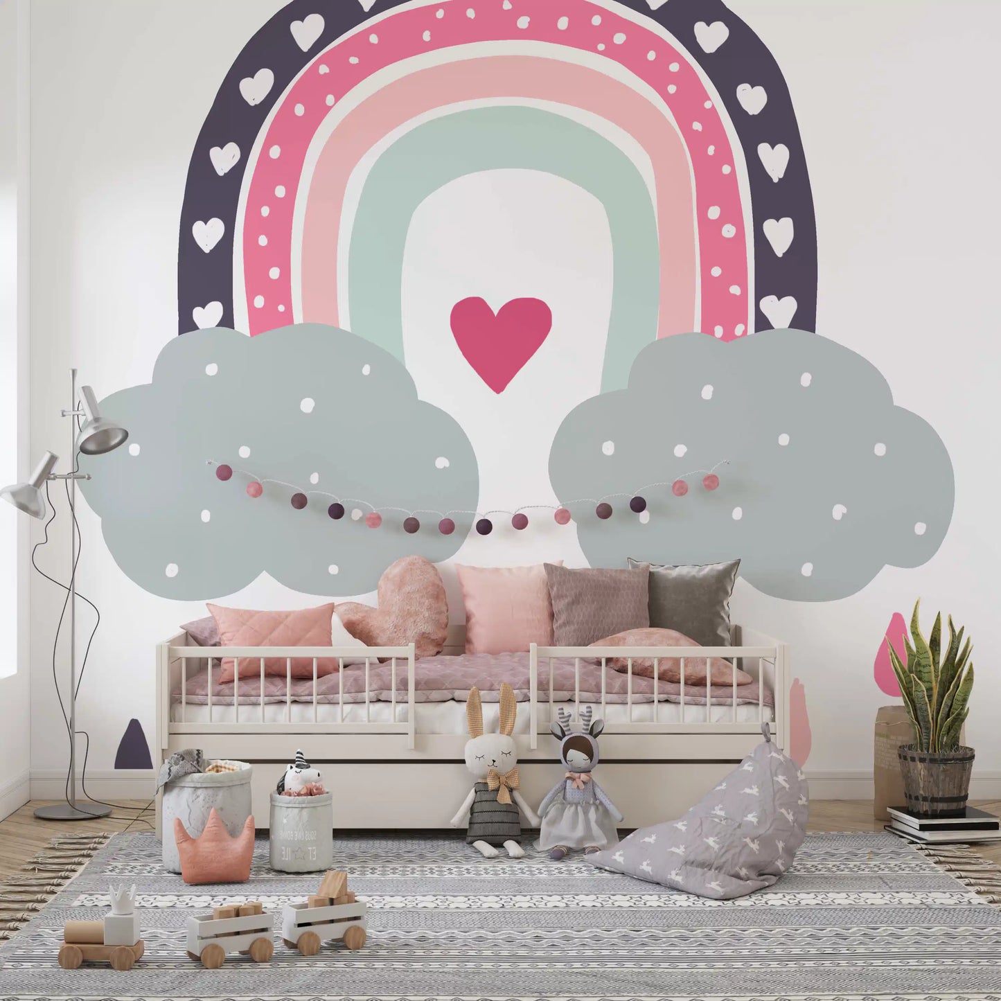 Verspieltes Wandbild „Regenbogen voller Herzen“ fürs Kinderzimmer