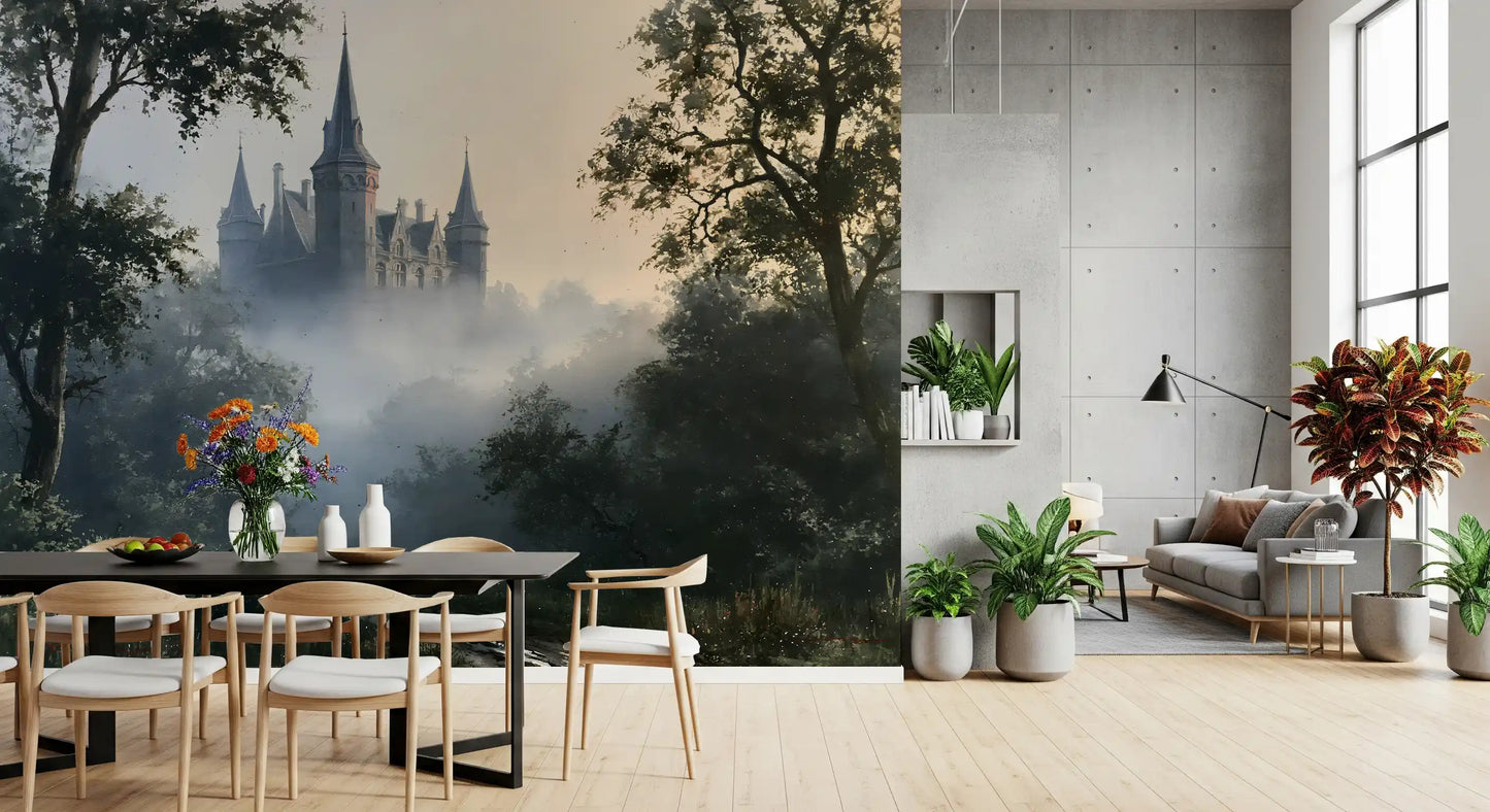 Gotisch kasteel in ochtendmist als wandmural