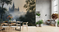 Gotisch kasteel in ochtendmist als wandmural