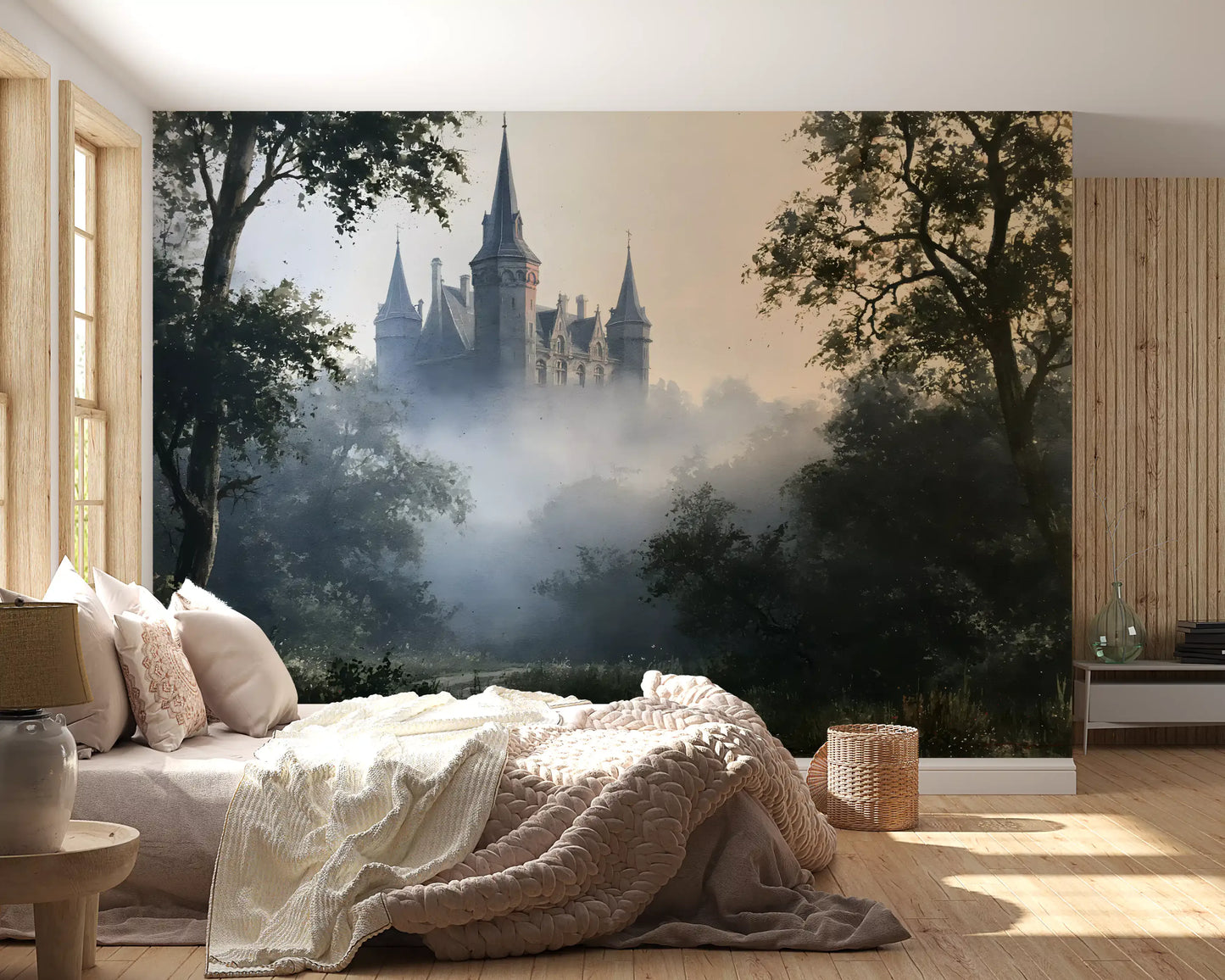 Gotisch kasteel in ochtendmist als wandmural