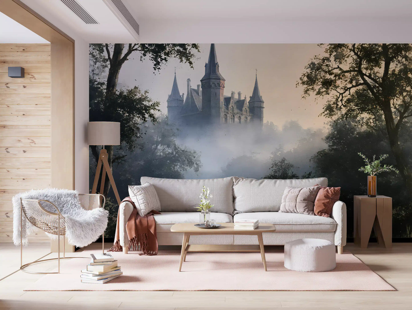 Gotisch kasteel in ochtendmist als wandmural