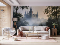 Gotisch kasteel in ochtendmist als wandmural