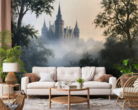 Gotisch kasteel in ochtendmist als wandmural