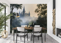 Gotisch kasteel in ochtendmist als wandmural